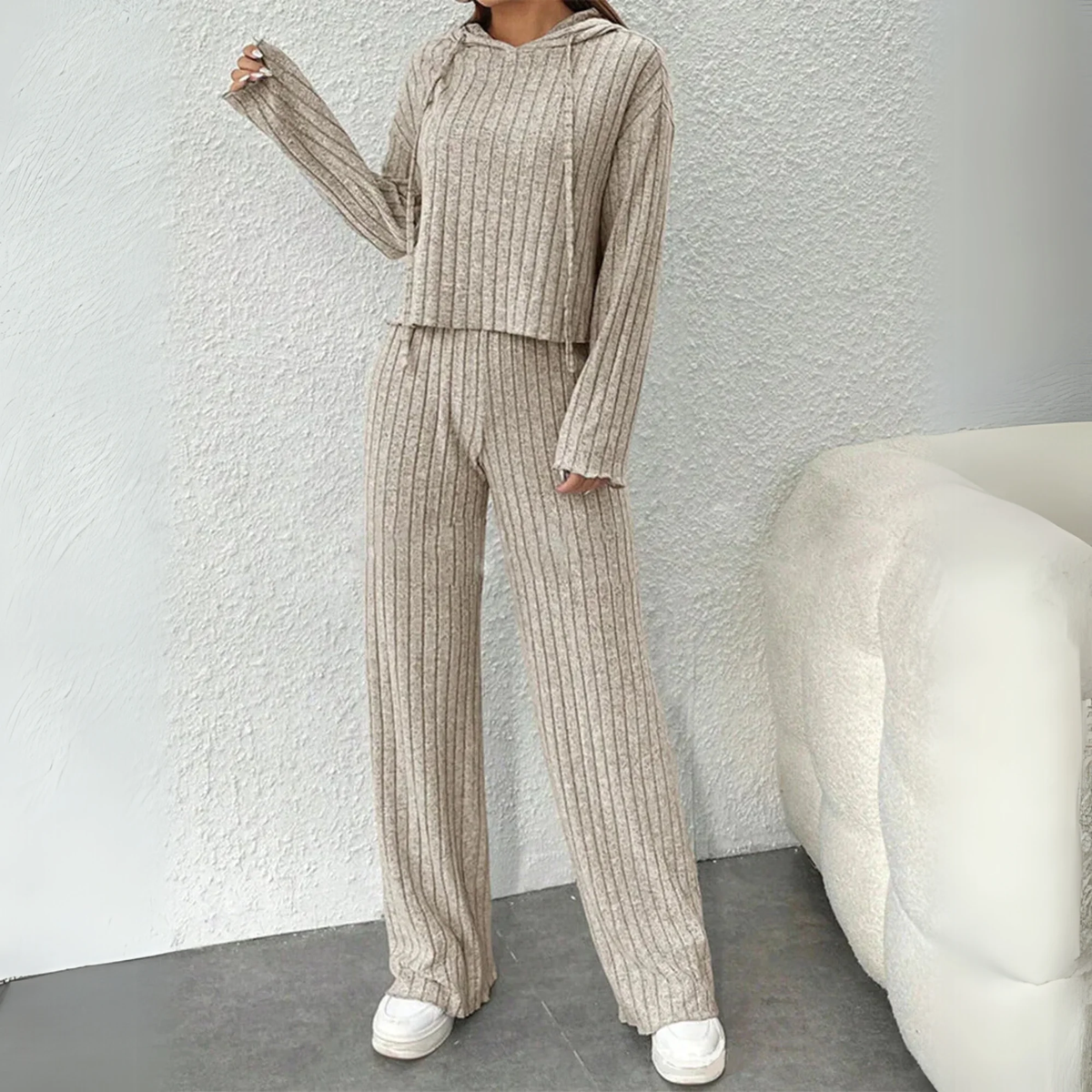 Beige Women's Cozy Hooded Sweatshirt and Joggers Two-Piece Set