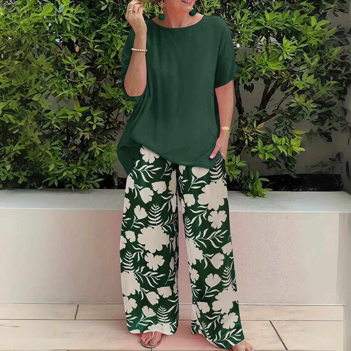 Forest Green Women's Plus Size Long Sleeve Top and Trouser Two-Piece Set