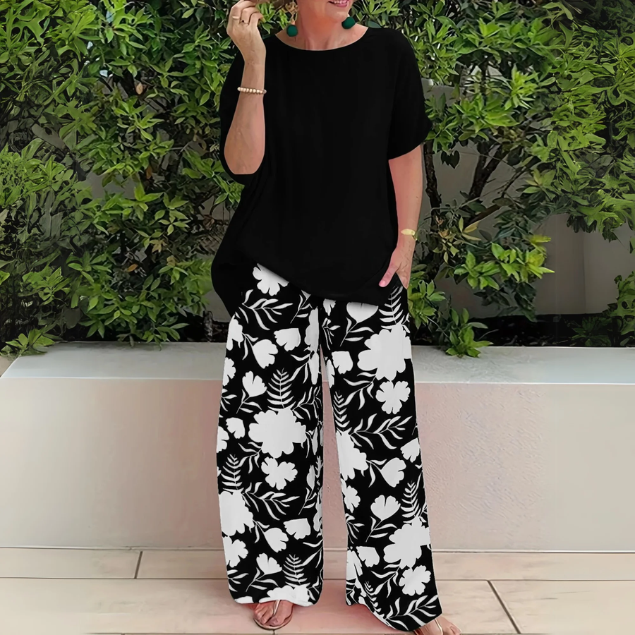 Black Women's Plus Size Long Sleeve Top and Trouser Two-Piece Set