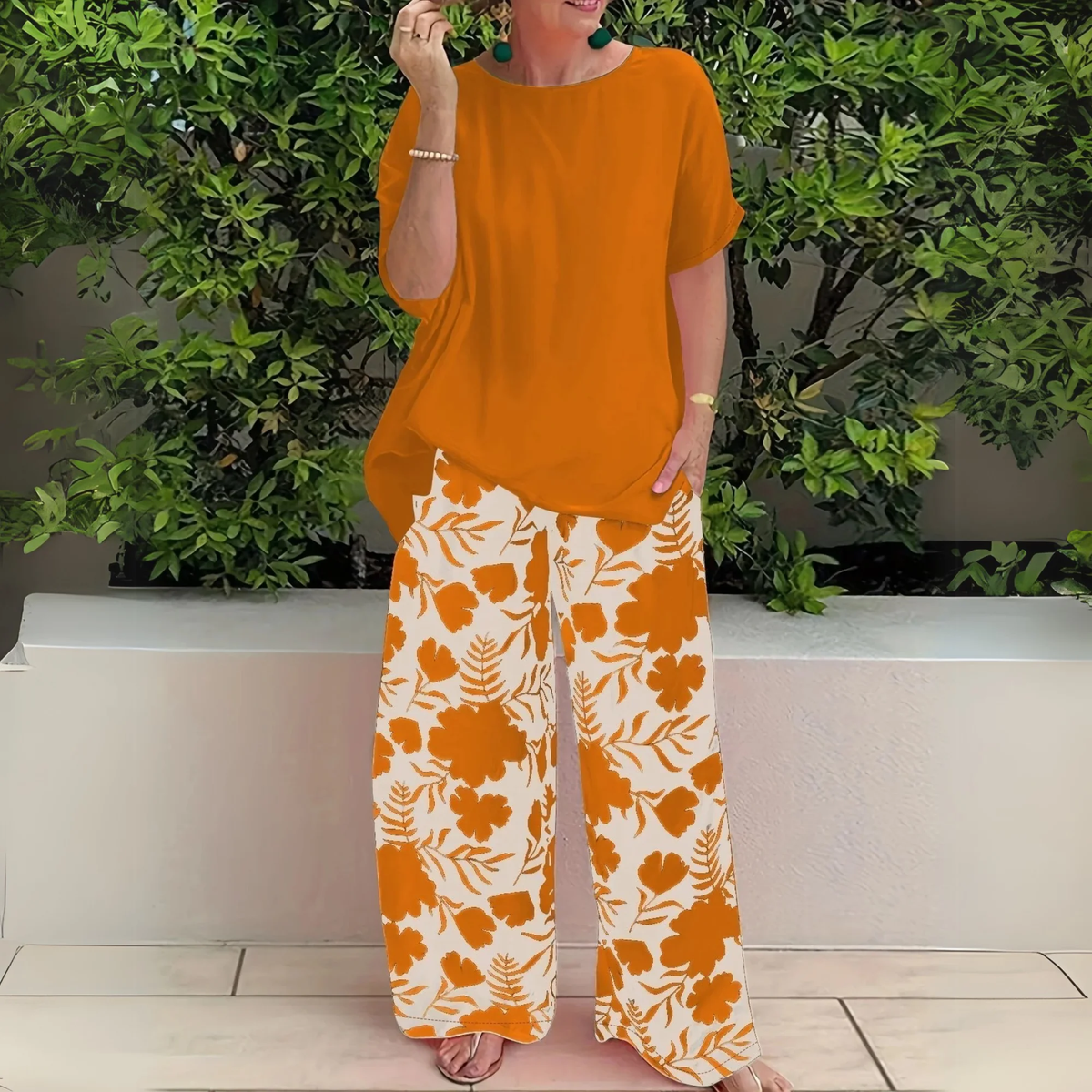 Orange Women's Plus Size Long Sleeve Top and Trouser Two-Piece Set