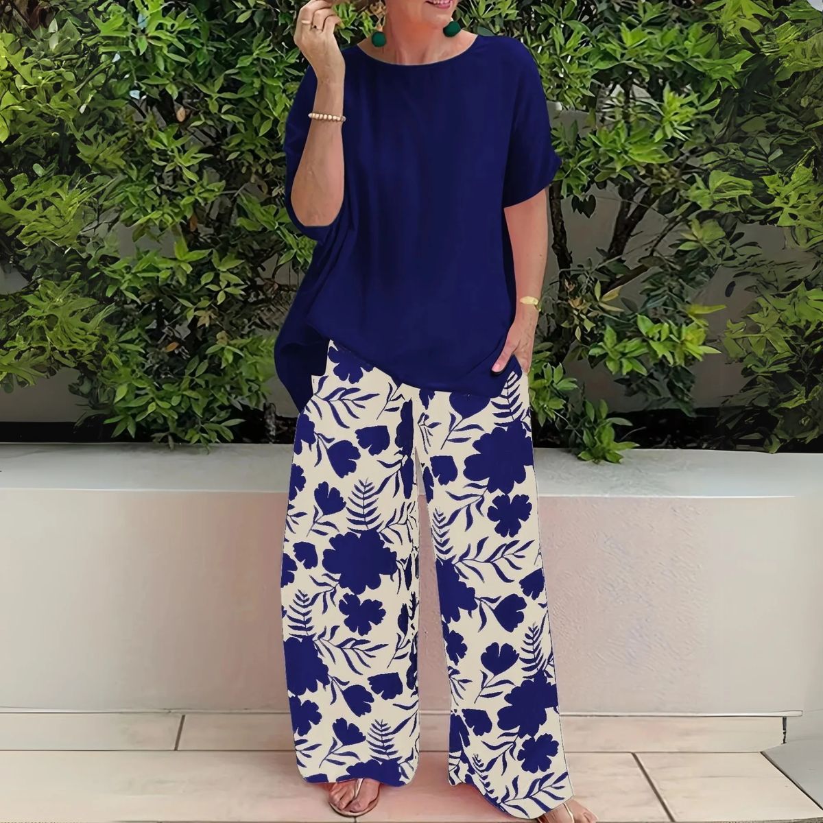 Navy Blue Women's Plus Size Long Sleeve Top and Trouser Two-Piece Set