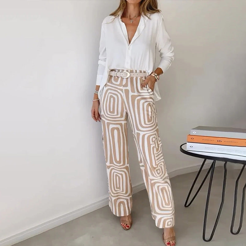 Khaki Women's Sophisticated Two-Piece Top and Trouser Coordinated Set