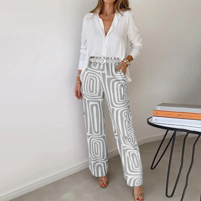 Gray Women's Sophisticated Two-Piece Top and Trouser Coordinated Set