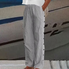 Khaki Sharon | Striped Loose Fit Wide-Leg Pants for Women | Summer