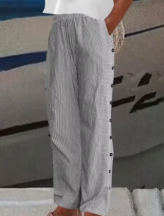 Khaki Sharon | Striped Loose Fit Wide-Leg Pants for Women | Summer