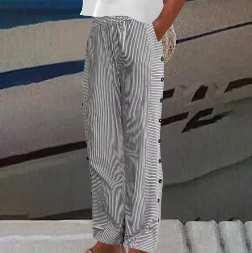 Khaki Sharon | Striped Loose Fit Wide-Leg Pants for Women | Summer