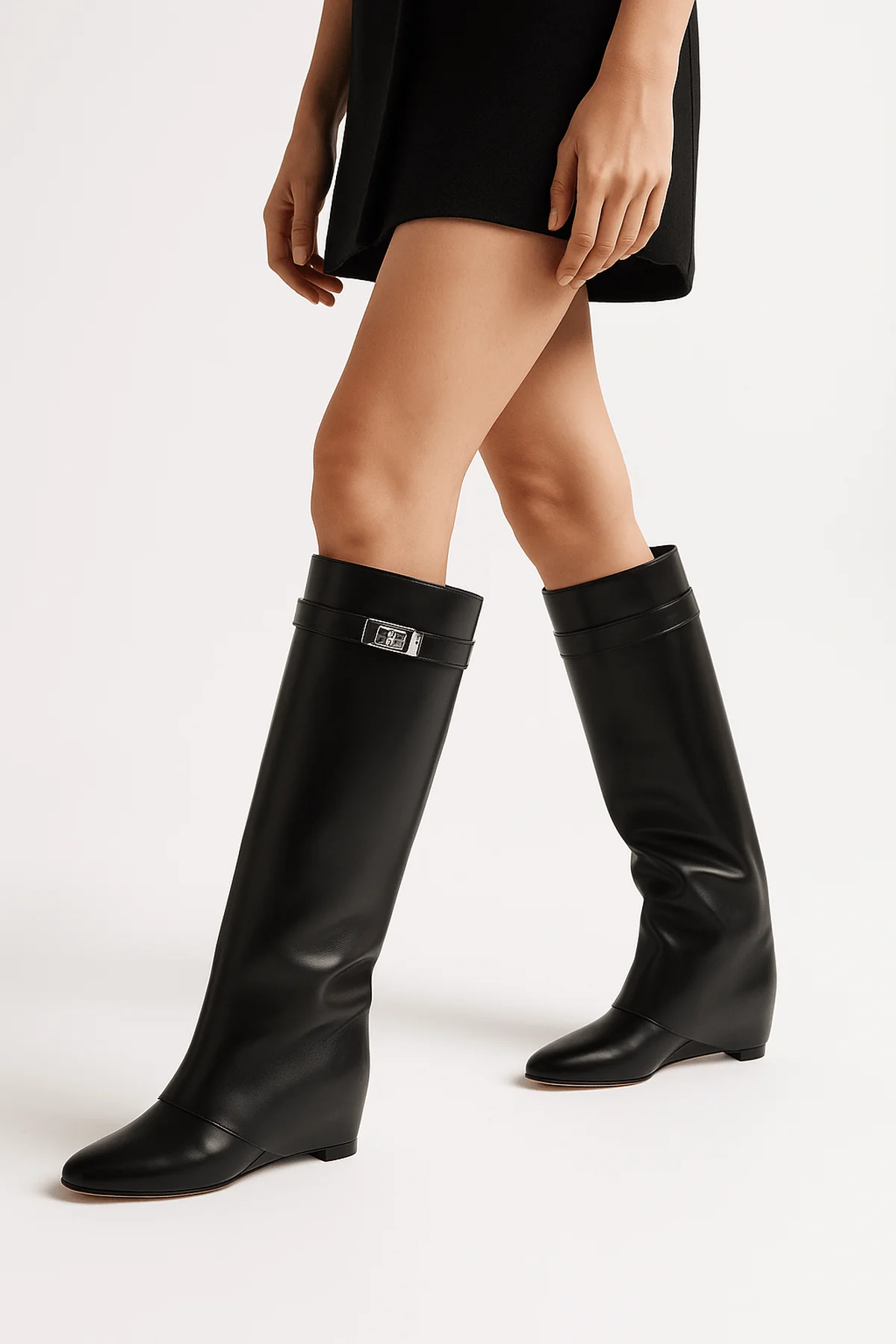 Women's Shark Lock Knee-High Faux Leather Boots - photo 4