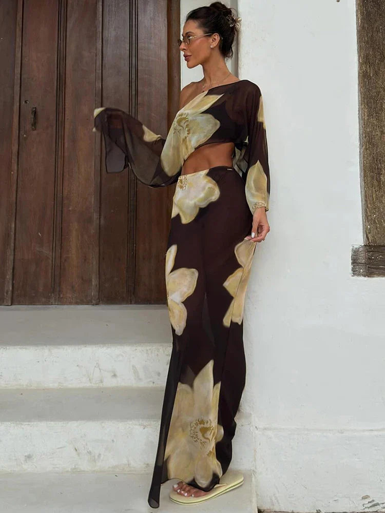 Printed One Shoulder Two Piece Set with Flowy Sleeve Detail - photo 1