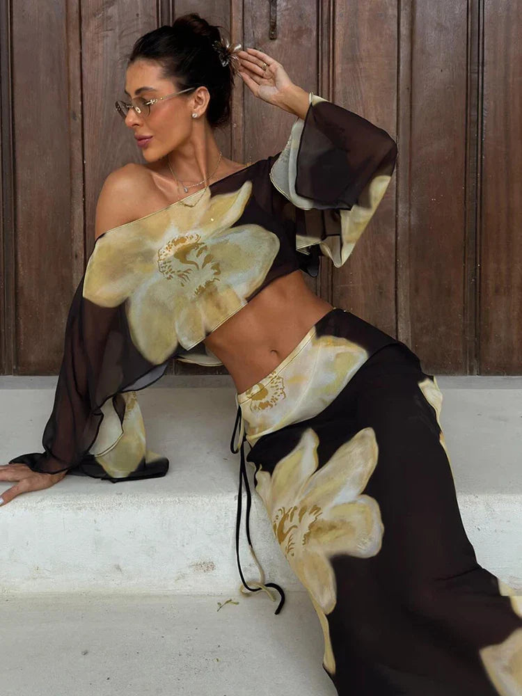 Printed One Shoulder Two Piece Set with Flowy Sleeve Detail - photo 2