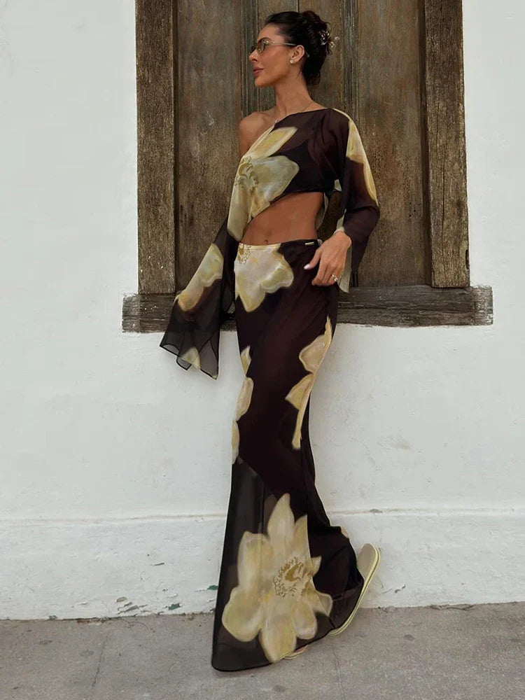 Printed One Shoulder Two Piece Set with Flowy Sleeve Detail - photo 3