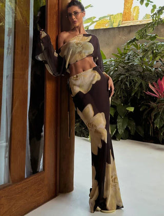 Brown Printed One Shoulder Two Piece Set with Flowy Sleeve Detail
