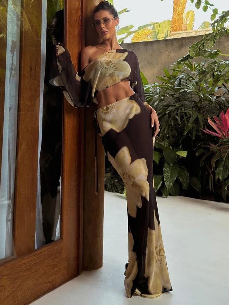 Brown Printed One Shoulder Two Piece Set with Flowy Sleeve Detail