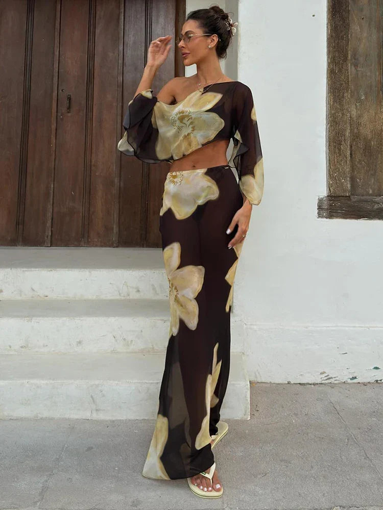 Printed One Shoulder Two Piece Set with Flowy Sleeve Detail - photo 4