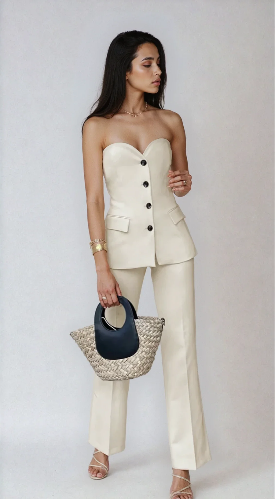 Elegant Strapless Tube Top With Wide Pants Set - photo 1