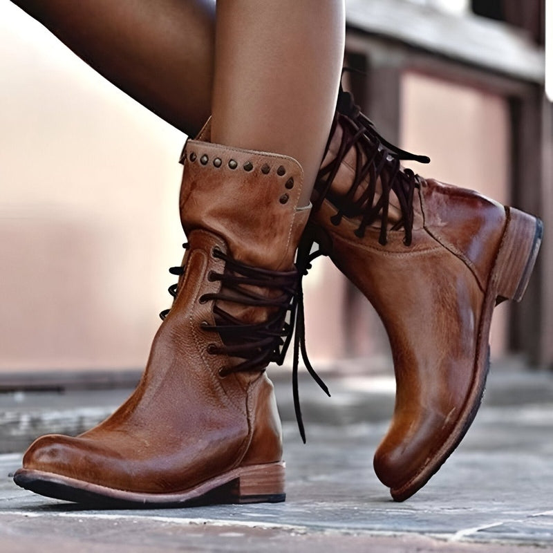 Studded Lace-Up Mid-Calf Boots with Low Heel for Women - photo 1