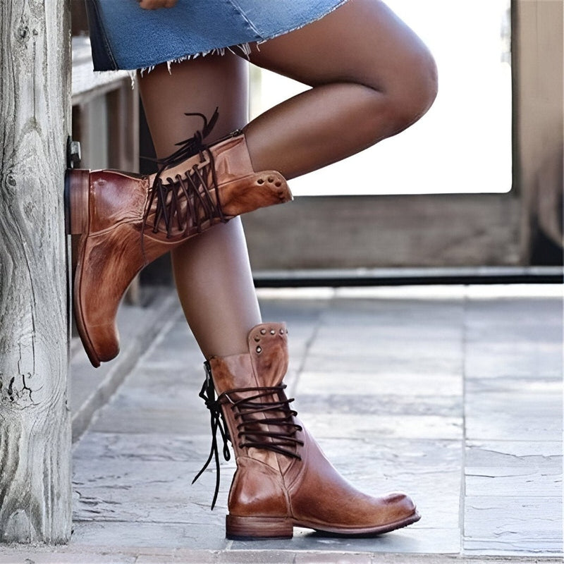 Studded Lace-Up Mid-Calf Boots with Low Heel for Women - photo 2