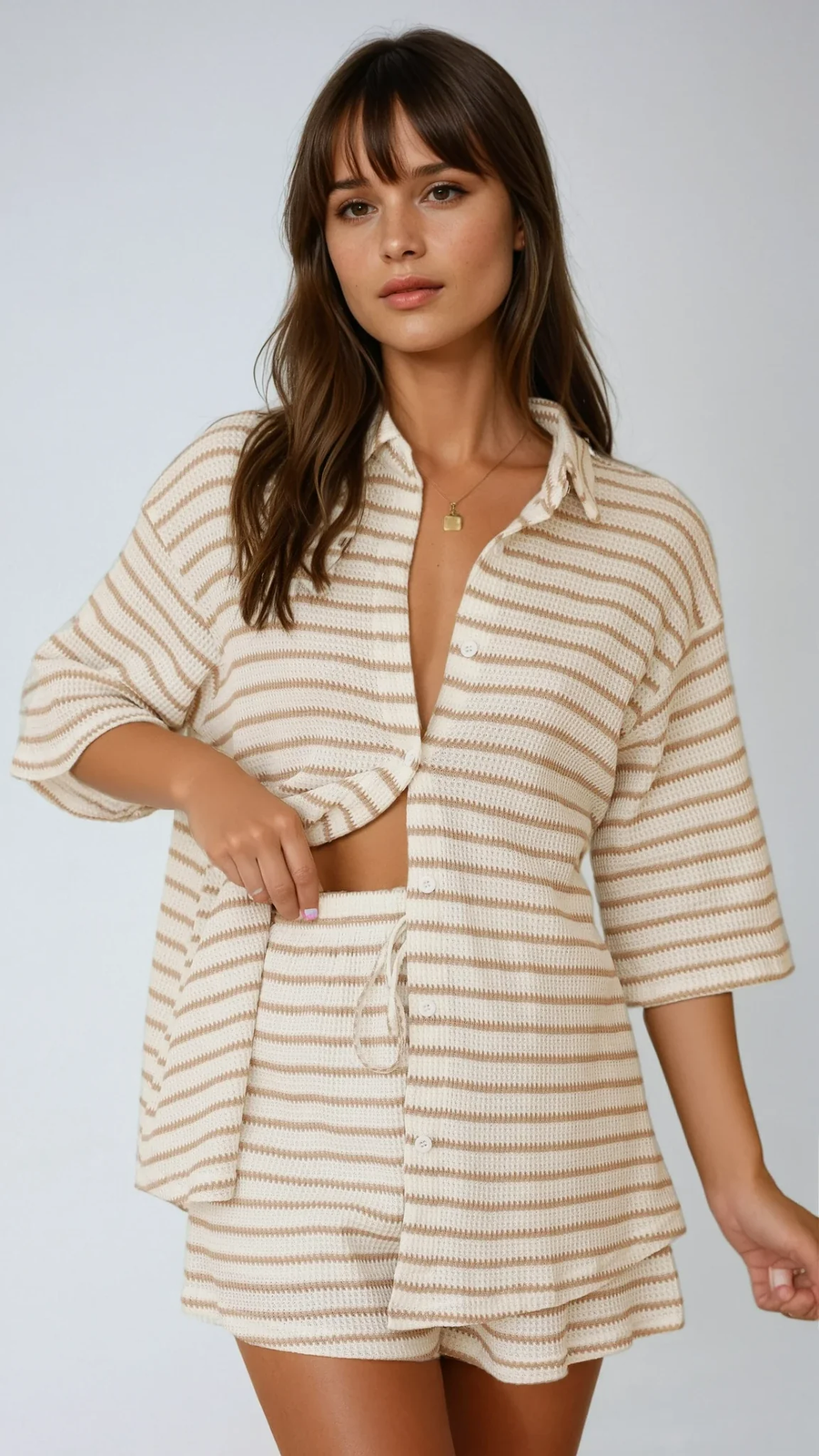 Beige Striped Knit Shirt & Shorts Set - photo 1