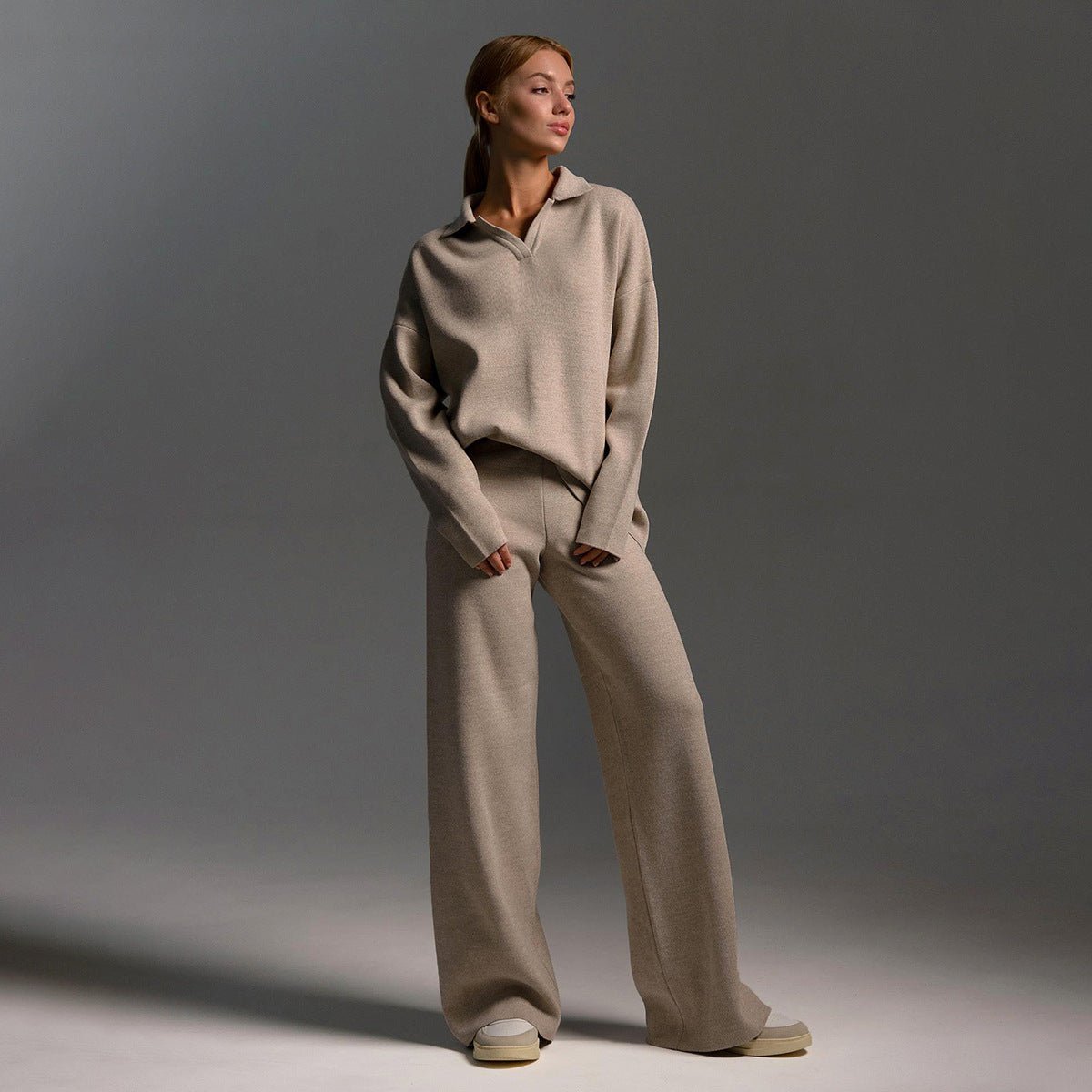 Cream Women's Knitted Sweatshirt and Joggers Tracksuit Two-Piece Set
