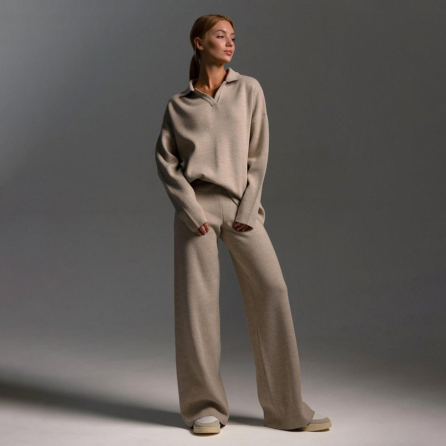 Cream Women's Knitted Sweatshirt and Joggers Tracksuit Two-Piece Set