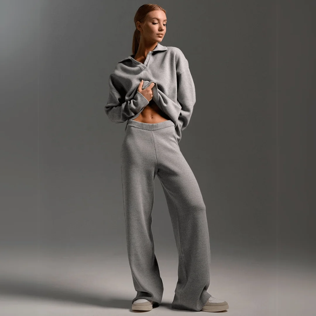 Grey Women's Knitted Sweatshirt and Joggers Tracksuit Two-Piece Set