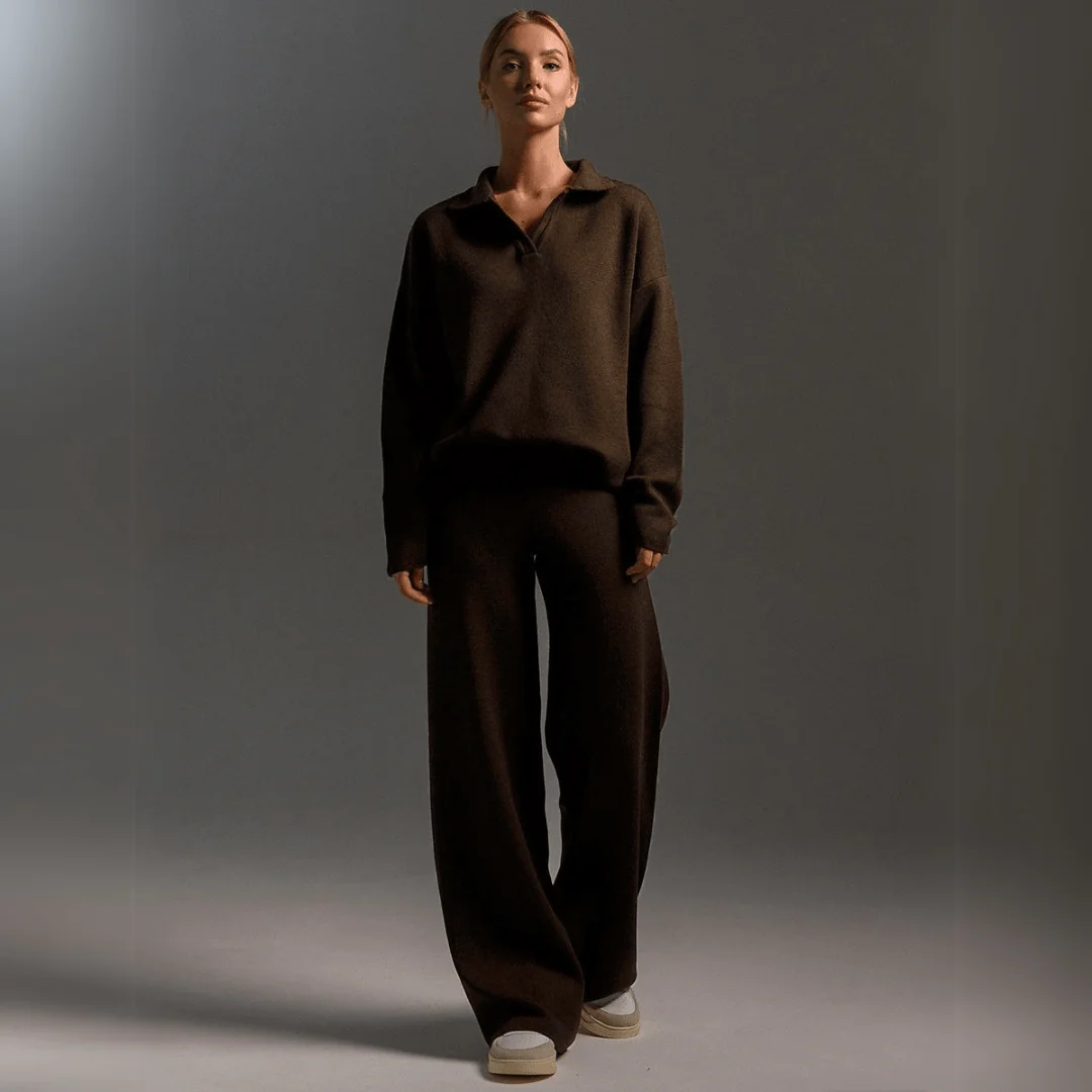 Brown Women's Knitted Sweatshirt and Joggers Tracksuit Two-Piece Set