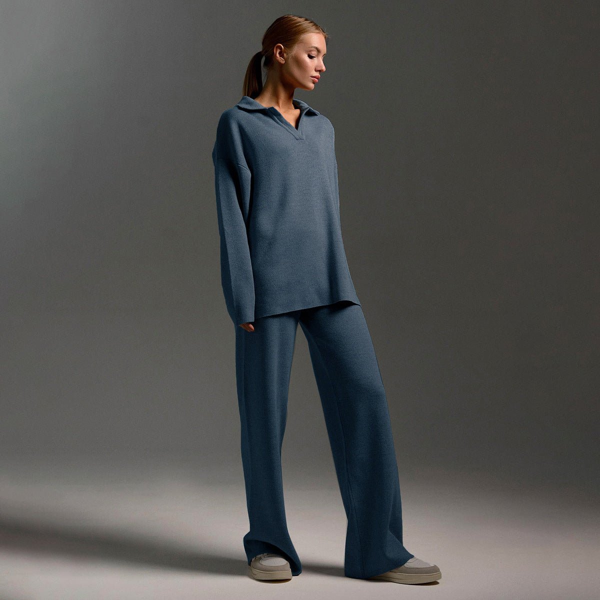 Blue Women's Knitted Sweatshirt and Joggers Tracksuit Two-Piece Set
