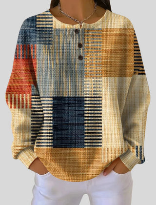 Patchwork Print Henley Sweater in Multicolor