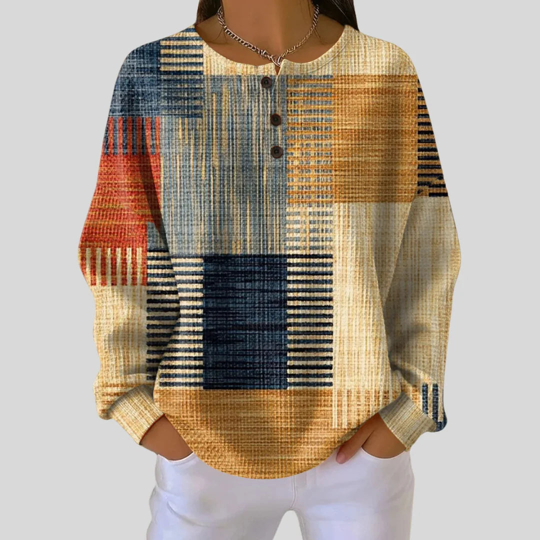 Patchwork Print Henley Sweater in Multicolor