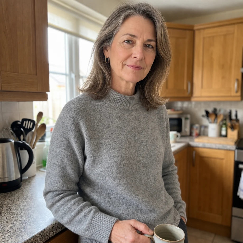 Woman wearing the Adele Relaxed Mock Neck Sweater in gray at home