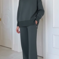 Adeline turtleneck lounge set in charcoal gray, worn front