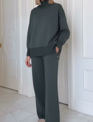 Adeline turtleneck lounge set in charcoal gray, worn front
