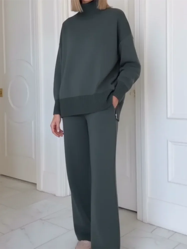 Adeline turtleneck lounge set in charcoal gray, worn front