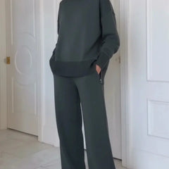 Adeline turtleneck lounge set in charcoal gray, worn front detail