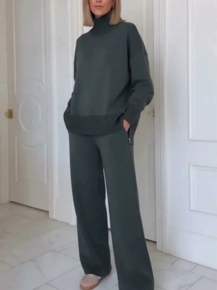 Adeline turtleneck lounge set in charcoal gray, worn front detail
