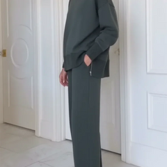 Adeline turtleneck lounge set in charcoal gray, worn side