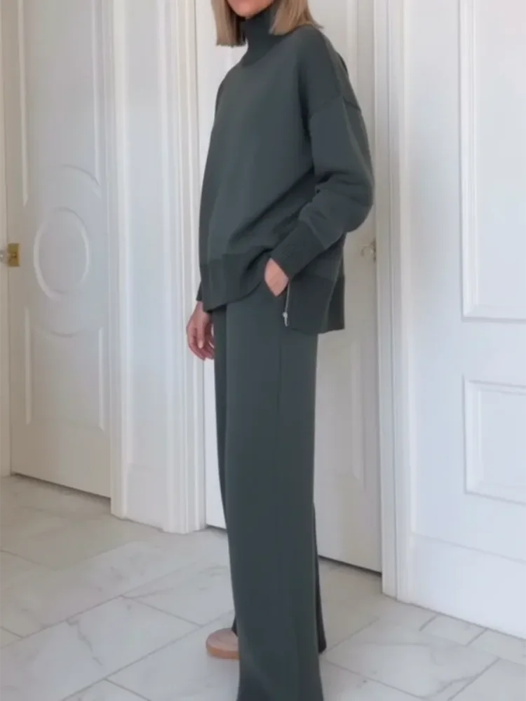 Adeline turtleneck lounge set in charcoal gray, worn side