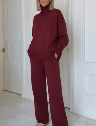 Adeline turtleneck lounge set in burgundy, worn