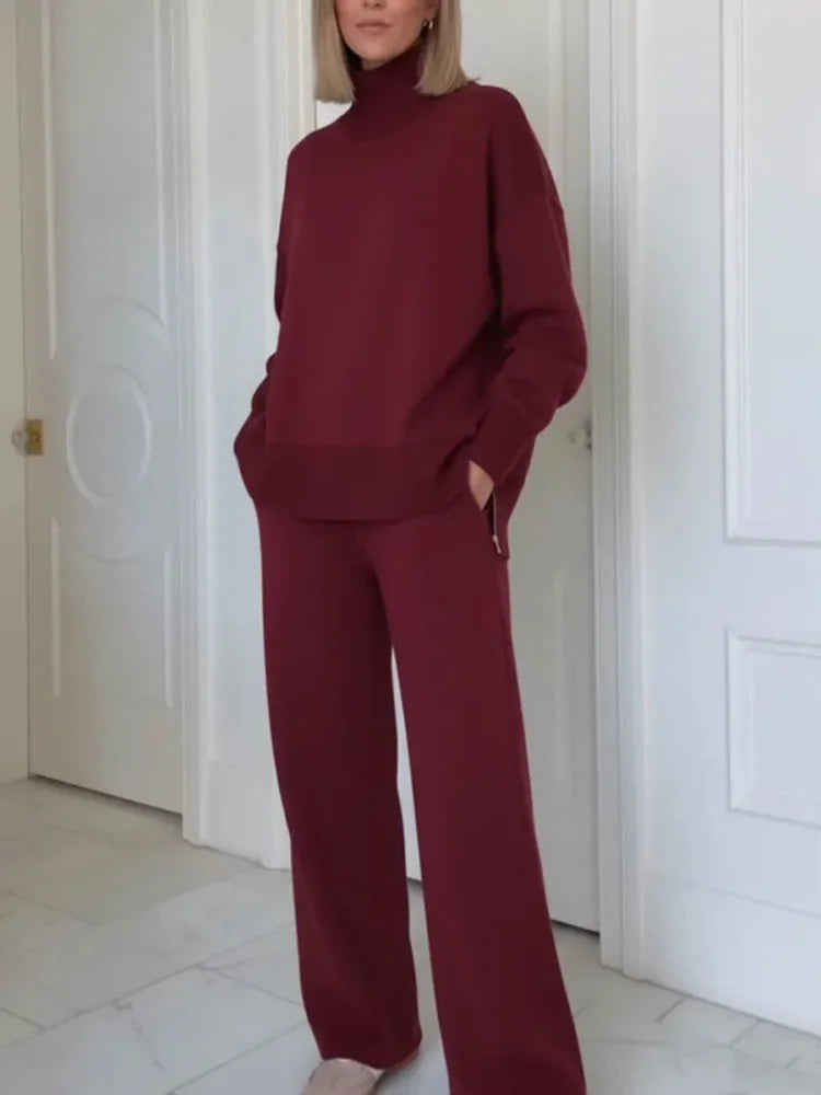 Adeline turtleneck lounge set in burgundy, worn
