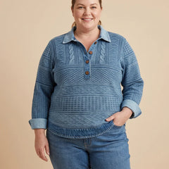 Collared Half-Button Textured Sweatshirt worn by a woman with curves