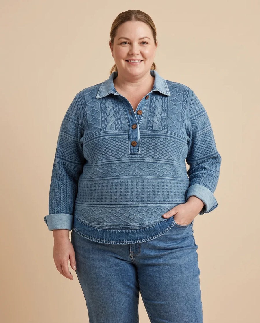 Collared Half-Button Textured Sweatshirt worn by a woman with curves