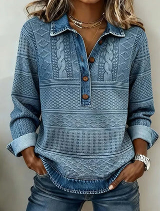 Collared Half-Button Textured Sweatshirt in Blue