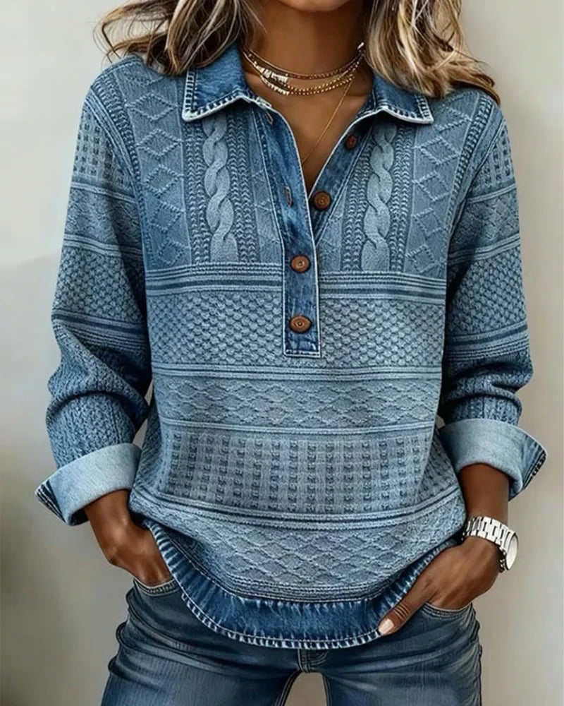 Collared Half-Button Textured Sweatshirt in Blue