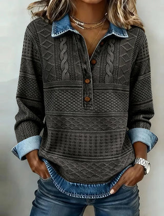 Collared Half-Button Textured Sweatshirt in Gray