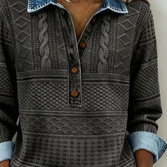 Collared Half-Button Textured Sweatshirt in Gray