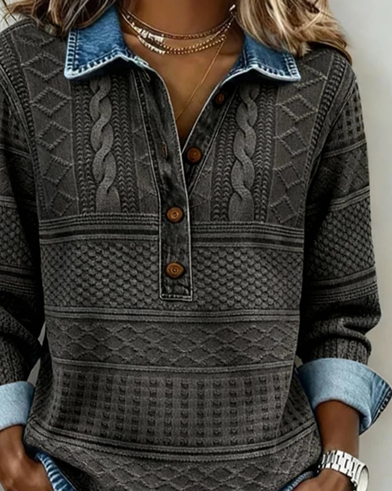 Collared Half-Button Textured Sweatshirt in Gray