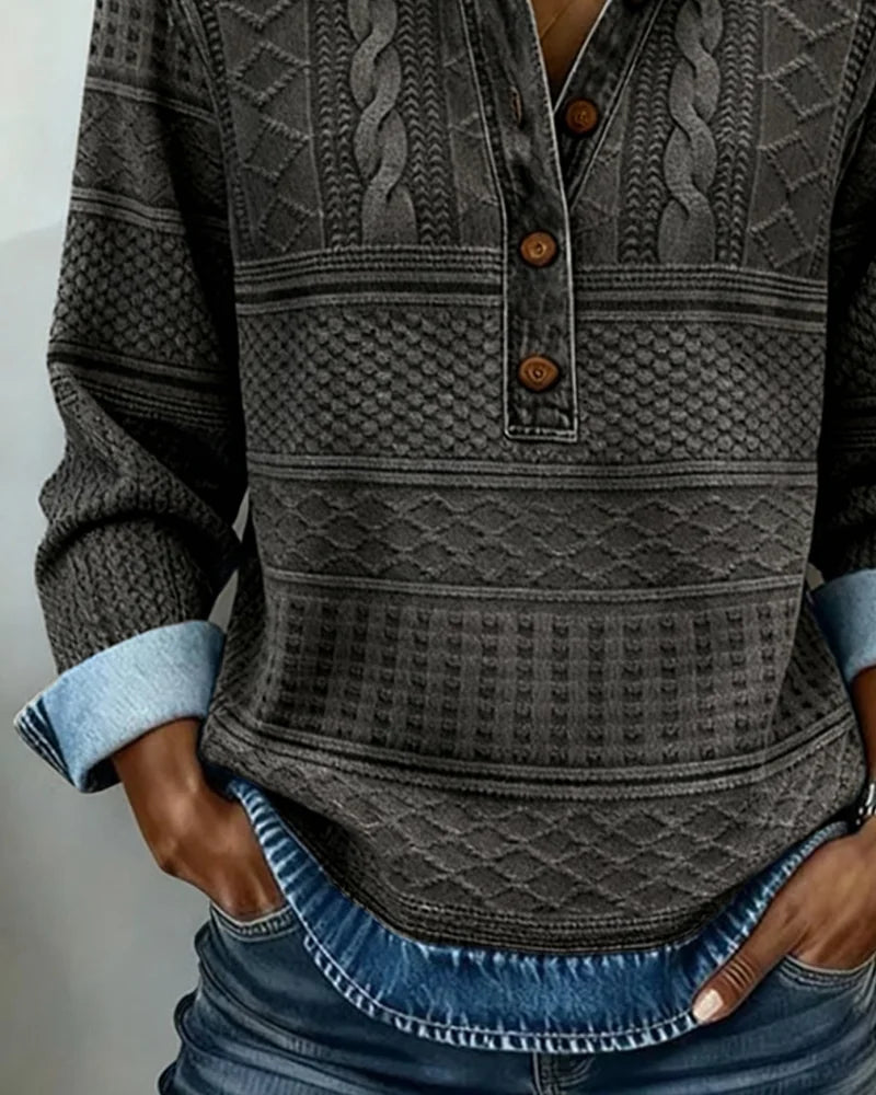 Collared Half-Button Textured Sweatshirt in Gray