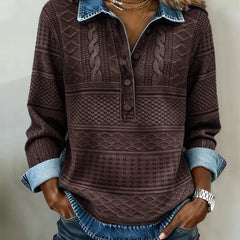 Collared Half-Button Textured Sweatshirt in Coffee Brown