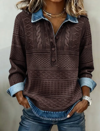 Collared Half-Button Textured Sweatshirt in Coffee Brown