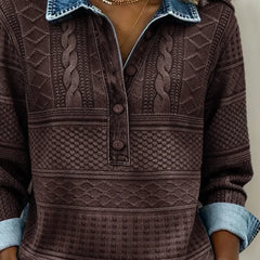 Collared Half-Button Textured Sweatshirt in Coffee Brown