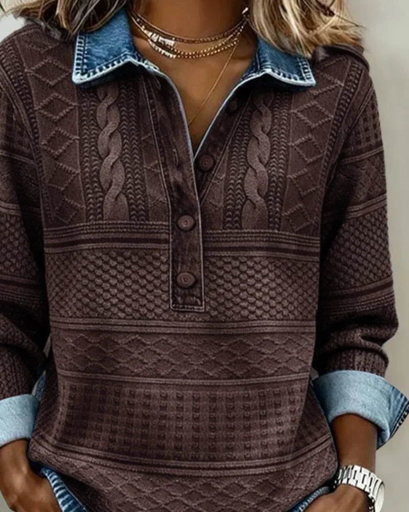 Collared Half-Button Textured Sweatshirt in Coffee Brown